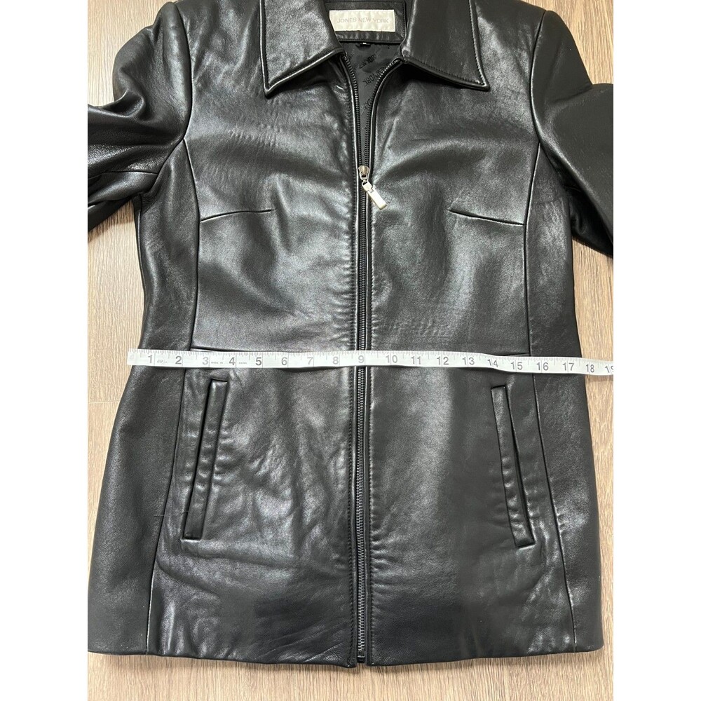 Jones New York Jacket Womens Medium Black Genuine Leather Zip Front Collared Vtg - Picture 15 of 16